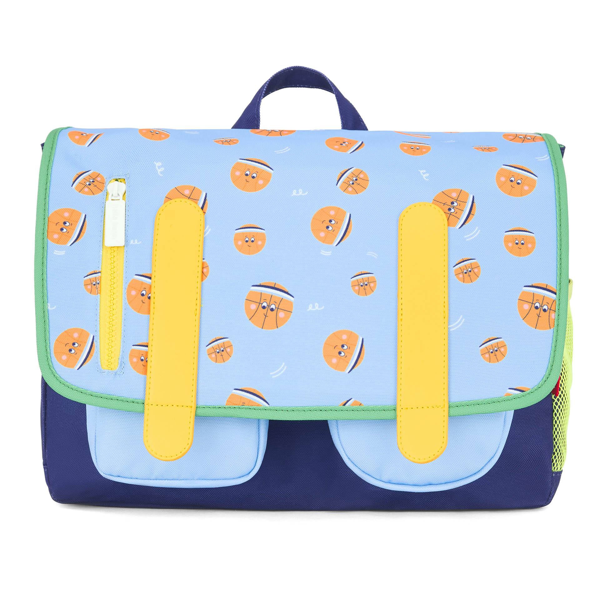 Schooltas kind blauw oranje motief sport twee vakken Hello Hossy