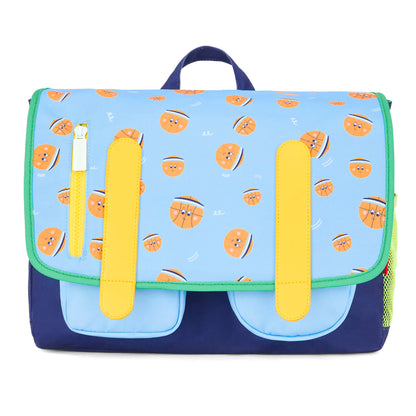Schooltas kind blauw oranje motief sport twee vakken Hello Hossy