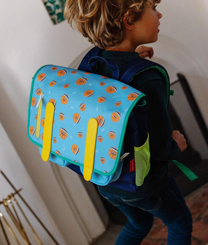 Schooltas kind blauw sport motief oranje gele details Hello Hossy