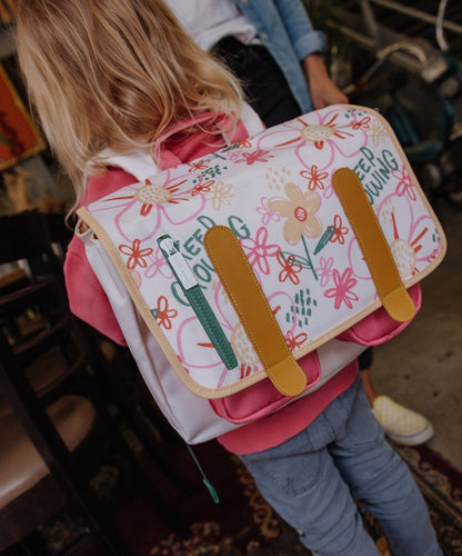 Schooltas kind wit roze bloemen motief gele details Hello Hossy