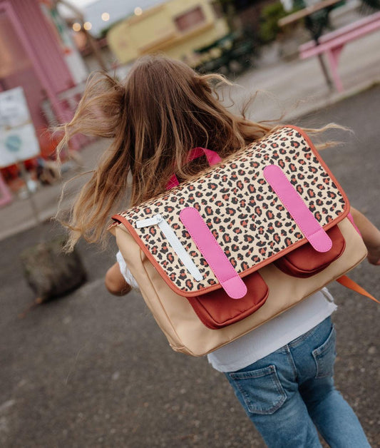 Schooltas kind crème leopard motief roze schouderbandjes Hello Hossy