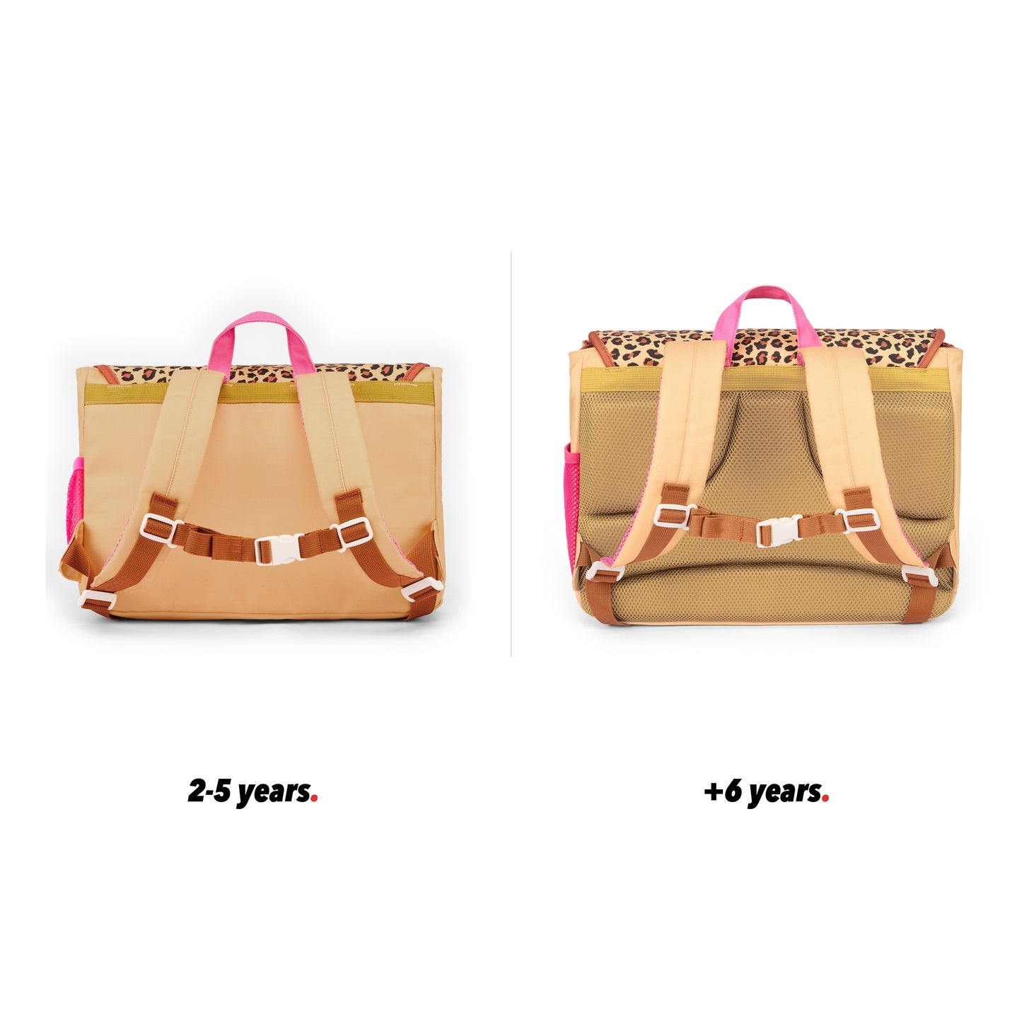 Schooltas kind crème leopard motief zakken achteraanzicht vergelijking 2 maten Hello Hossy