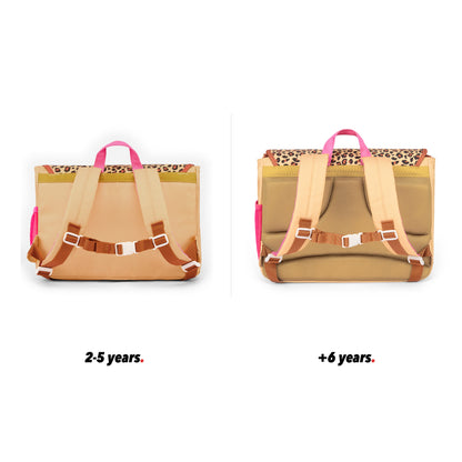 Schooltas kind crème leopard motief zakken achteraanzicht vergelijking 2 maten Hello Hossy