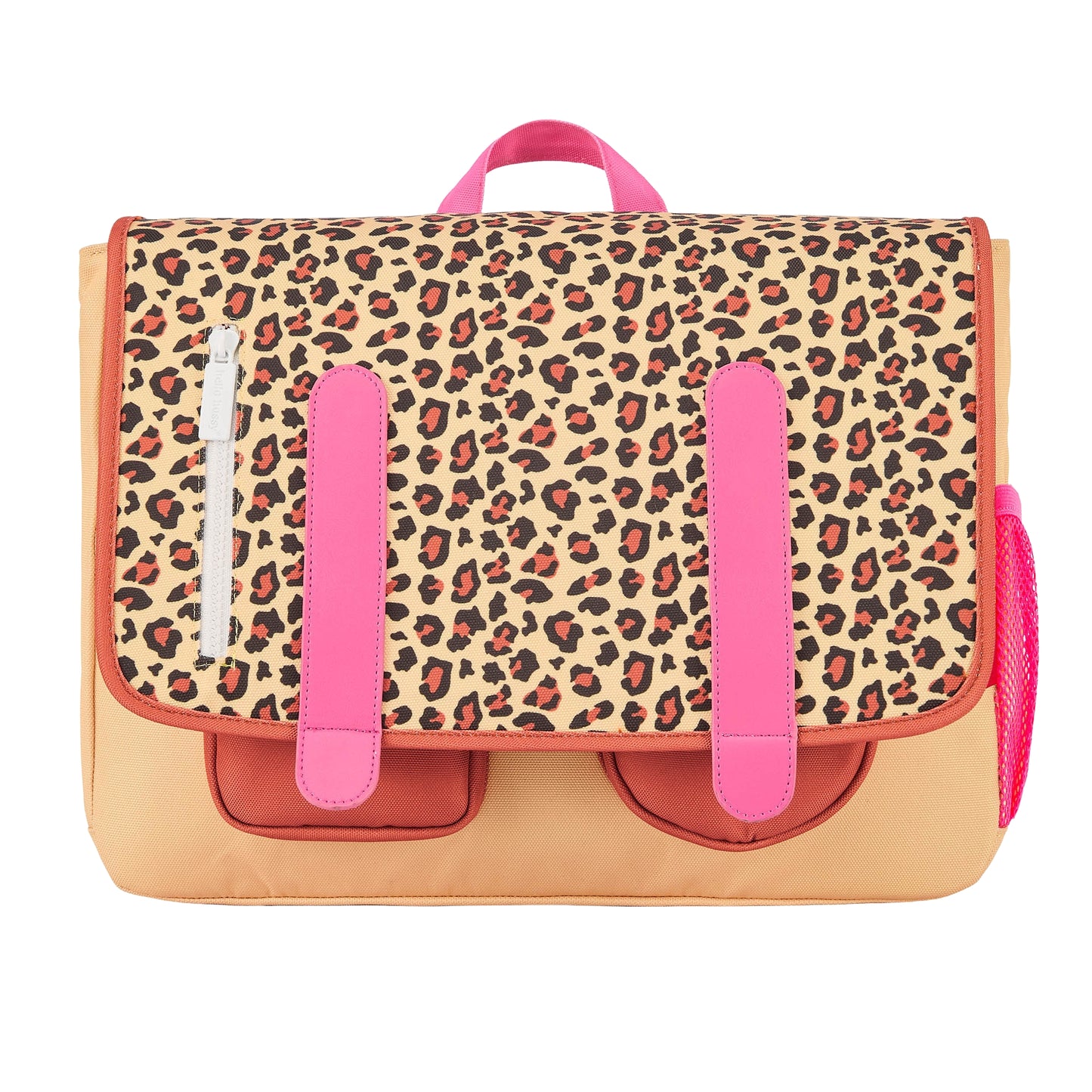 Cartable enfant crème marron motif léopard sangles roses Hello Hossy
