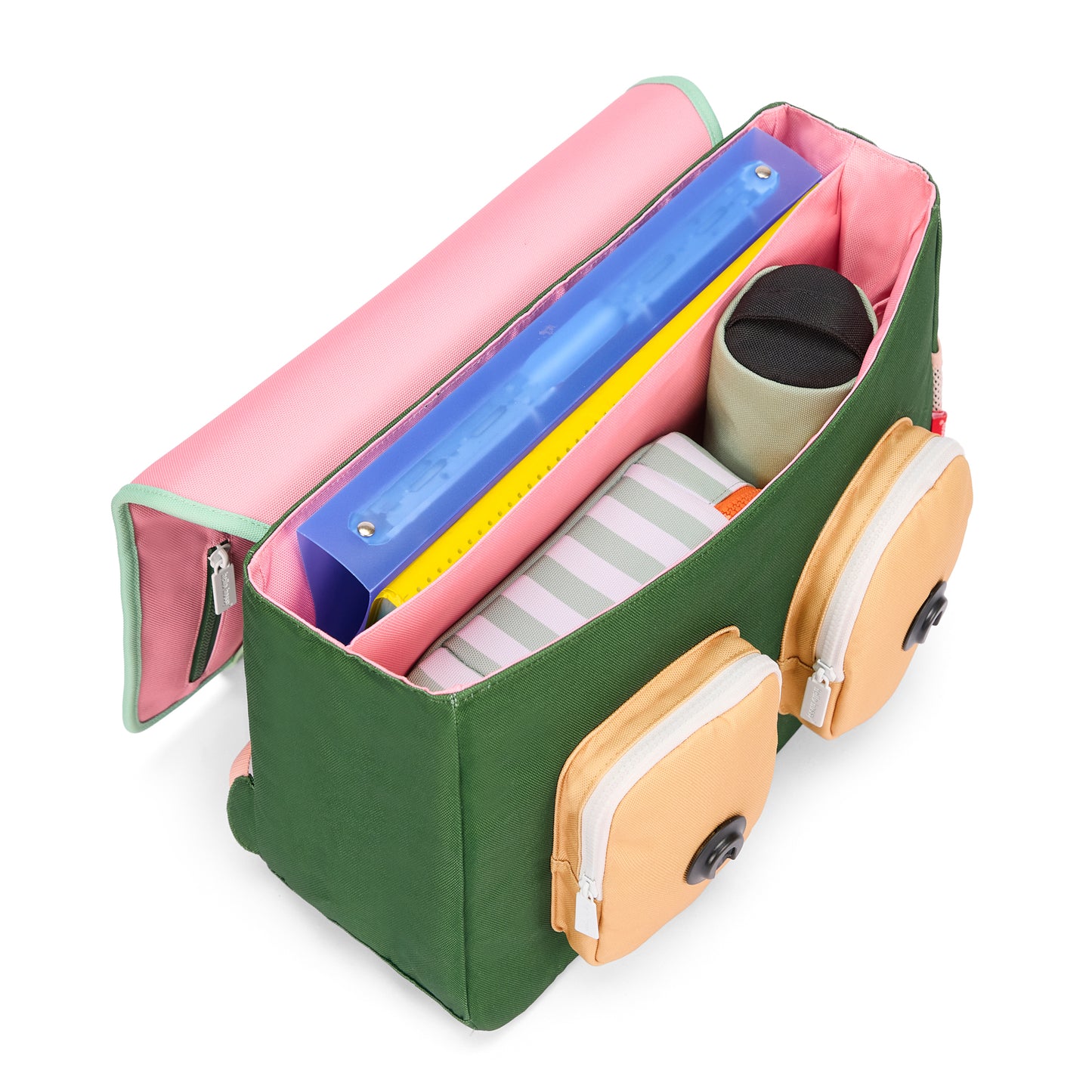 Roze kinderen schooltas met roze interieur, groen exterieur en beige vakken Hello Hossy
