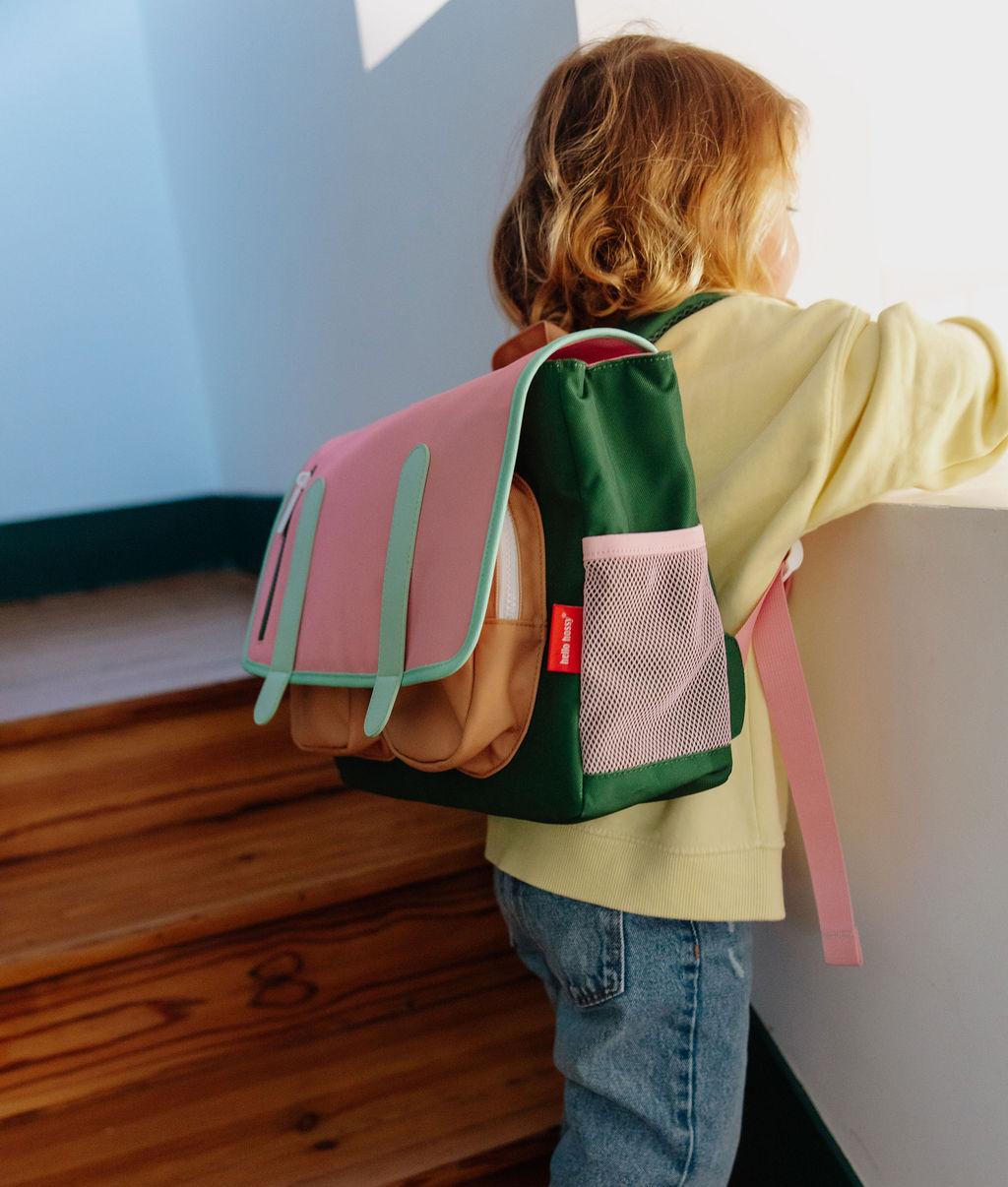 Schooltas kind roze groen beige details netvakken Hello Hossy