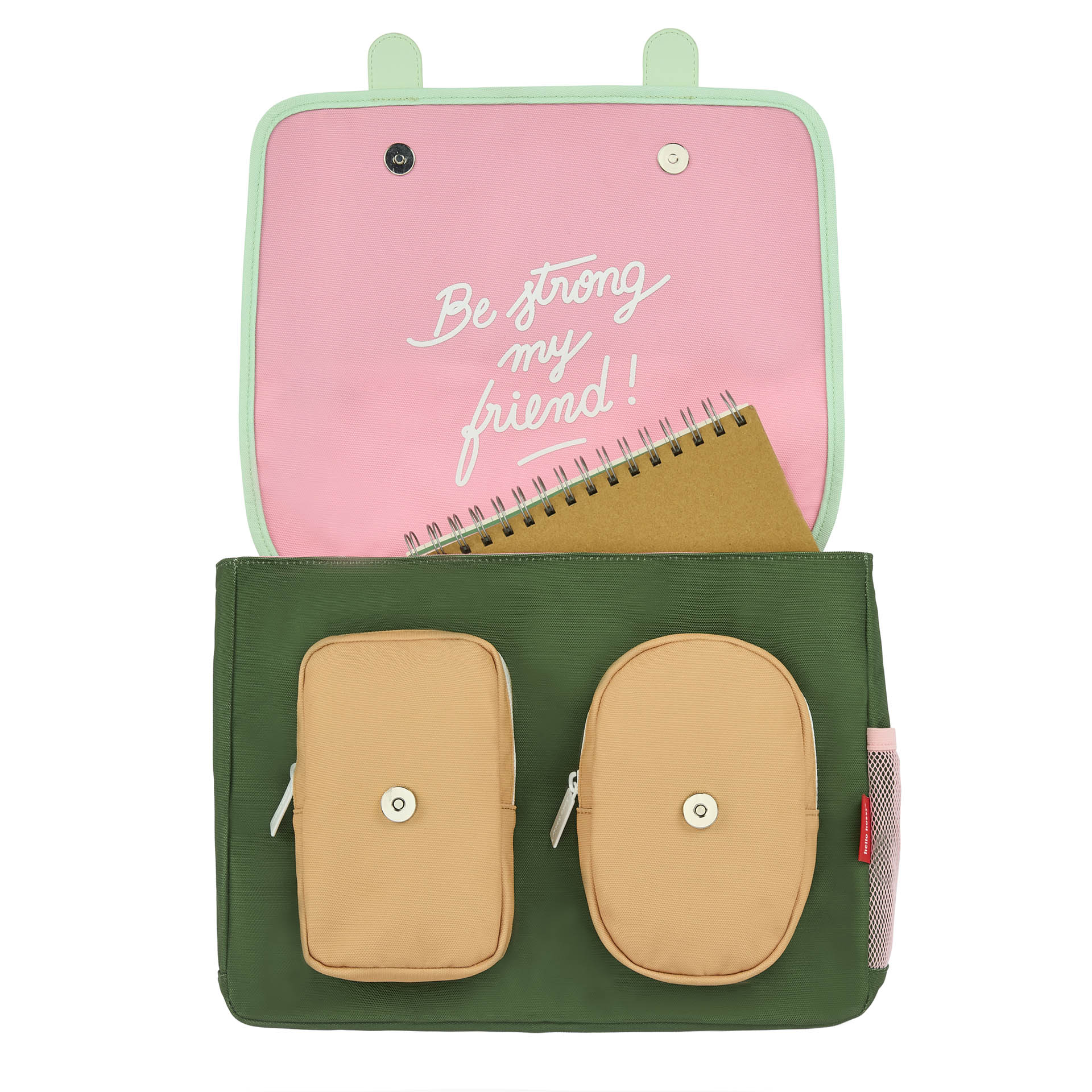 Groene kinderen schooltas met beige vakken, roze interieur en witte tekst Hello Hossy