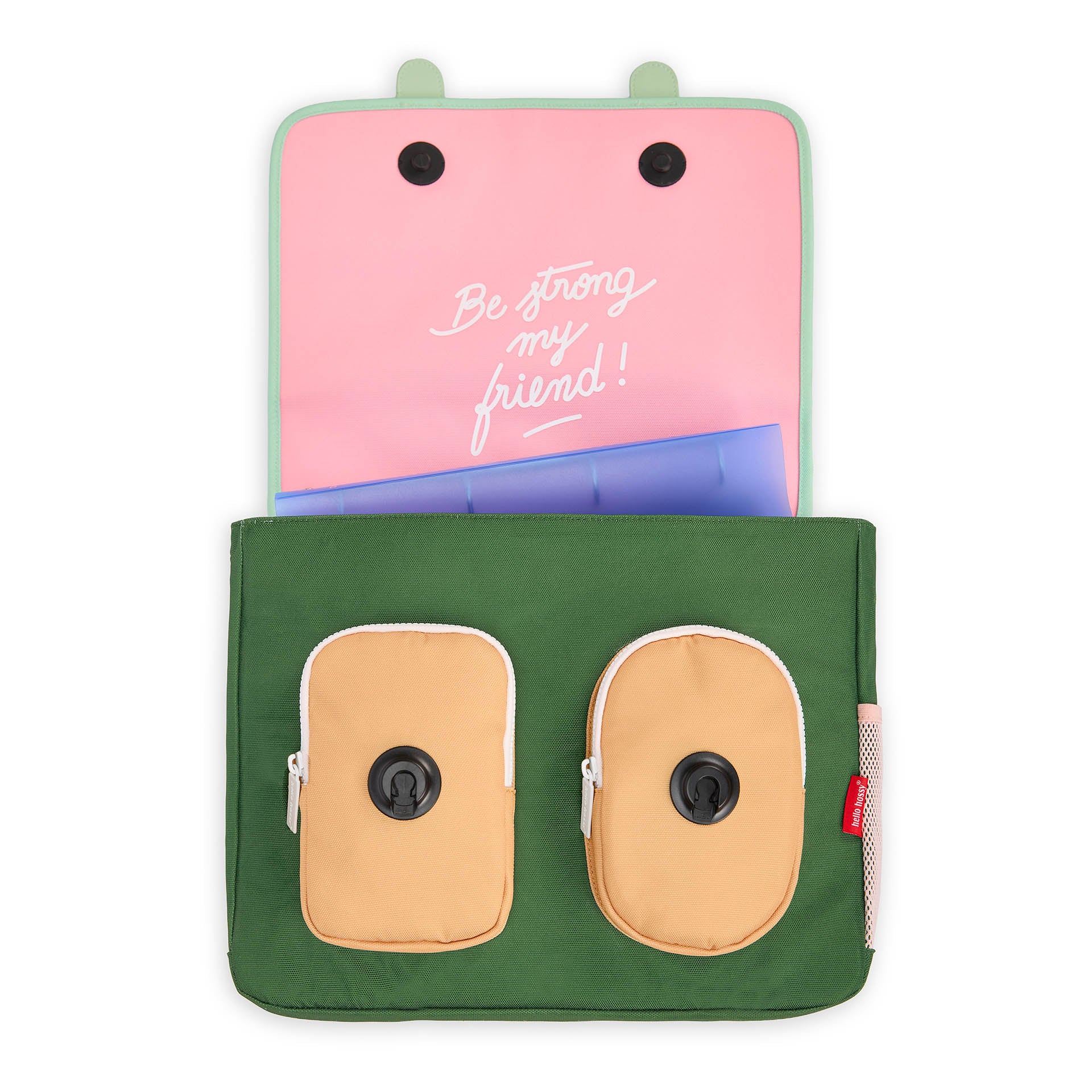 Schooltas kind groen met beige vakken roze binnenkant boodschap Hello Hossy