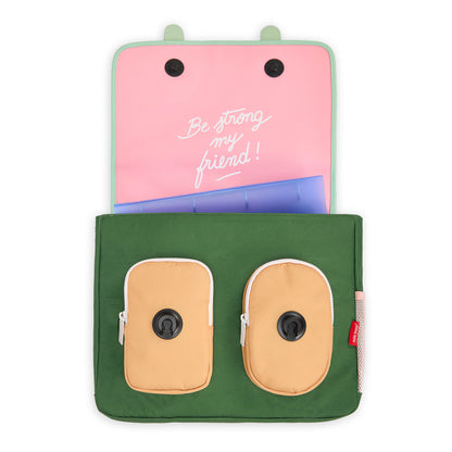 Schooltas kind groen met beige vakken roze binnenkant boodschap Hello Hossy