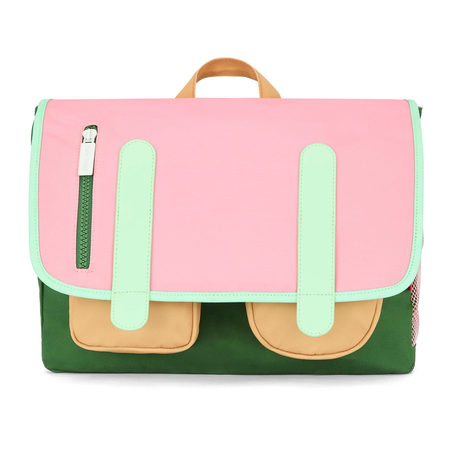 Roze kinderen schooltas met beige vak en lichtgroene riempjes Hello Hossy