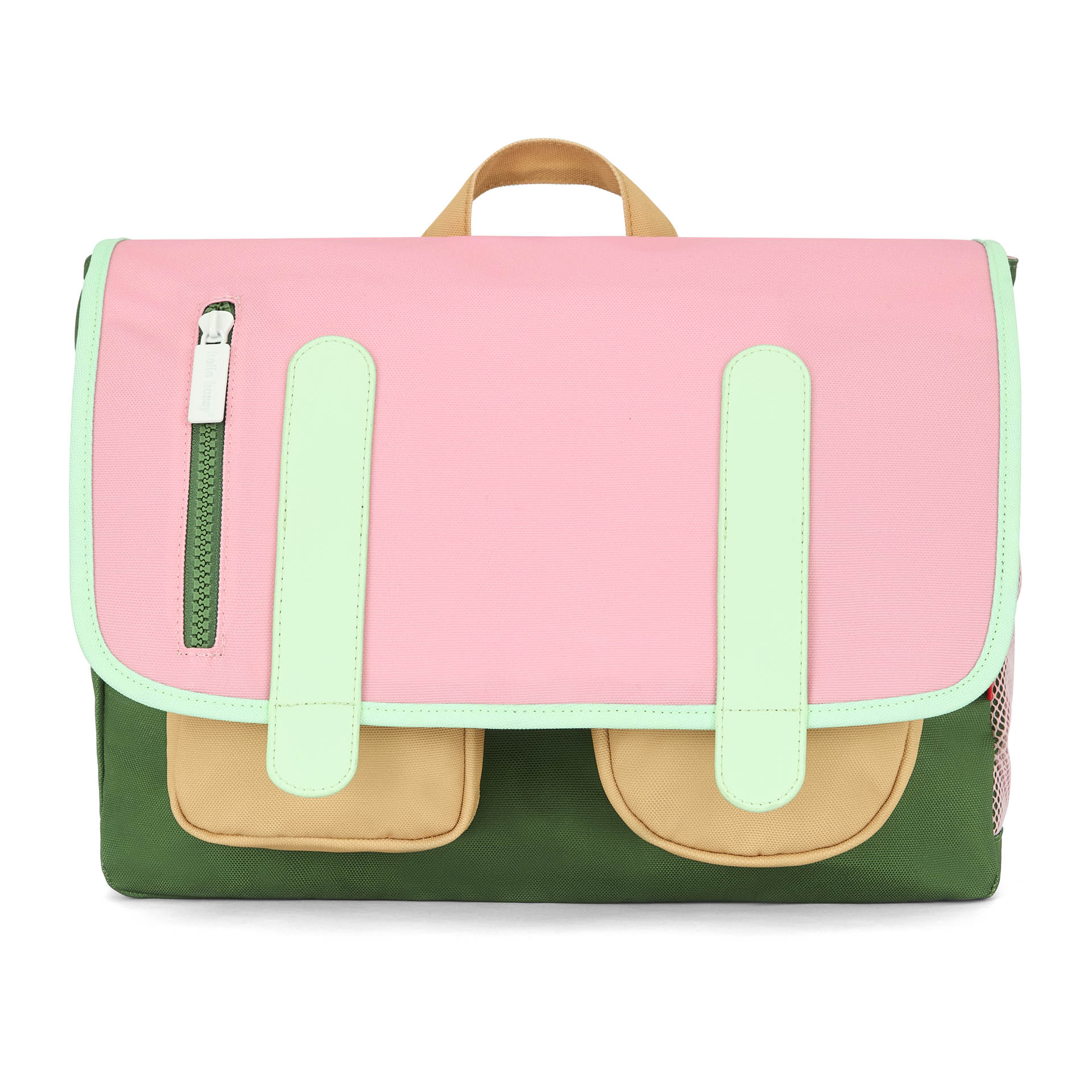 Roze kinderen schooltas met beige vak en lichtgroene riempjes Hello Hossy