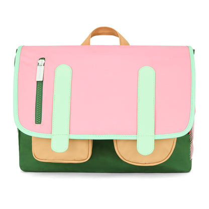 Roze kinderen schooltas met beige vak en lichtgroene riempjes Hello Hossy