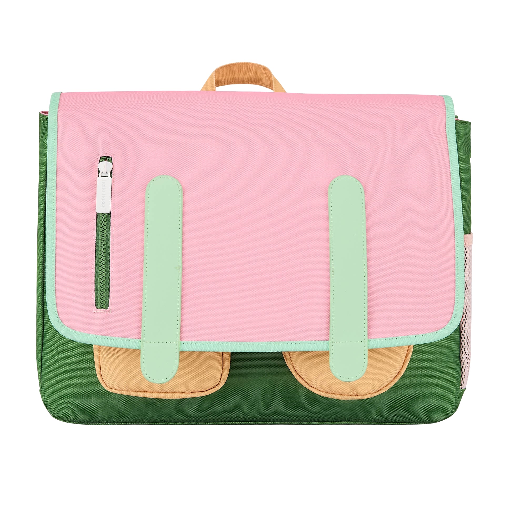 Roze groene kinderen schooltas met voorvakken Hello Hossy