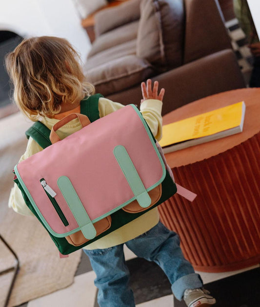 Roze groene kinderen schooltas met details en vakken Hello Hossy