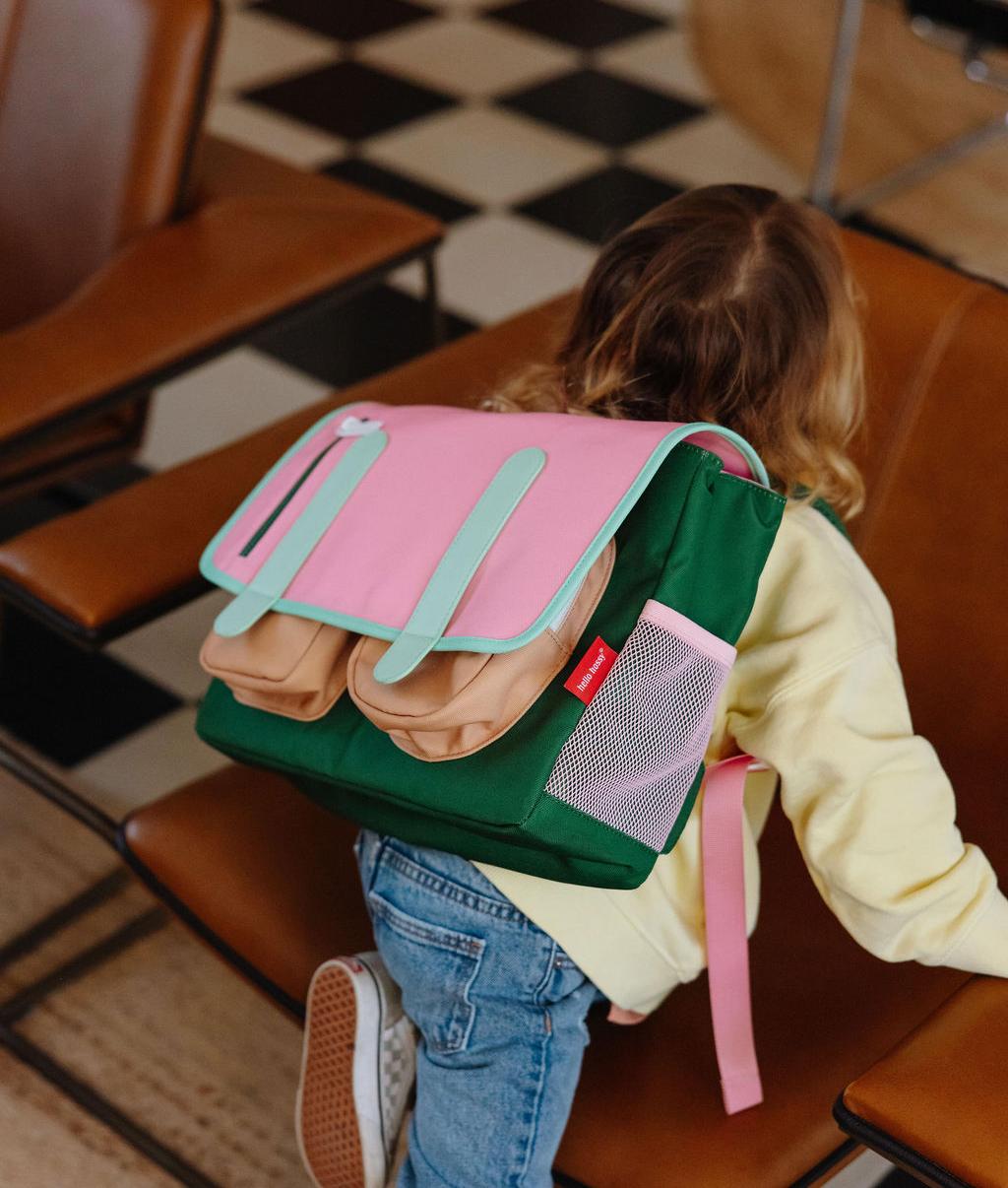 Roze groene kinderen schooltas met voorvakken Hello Hossy