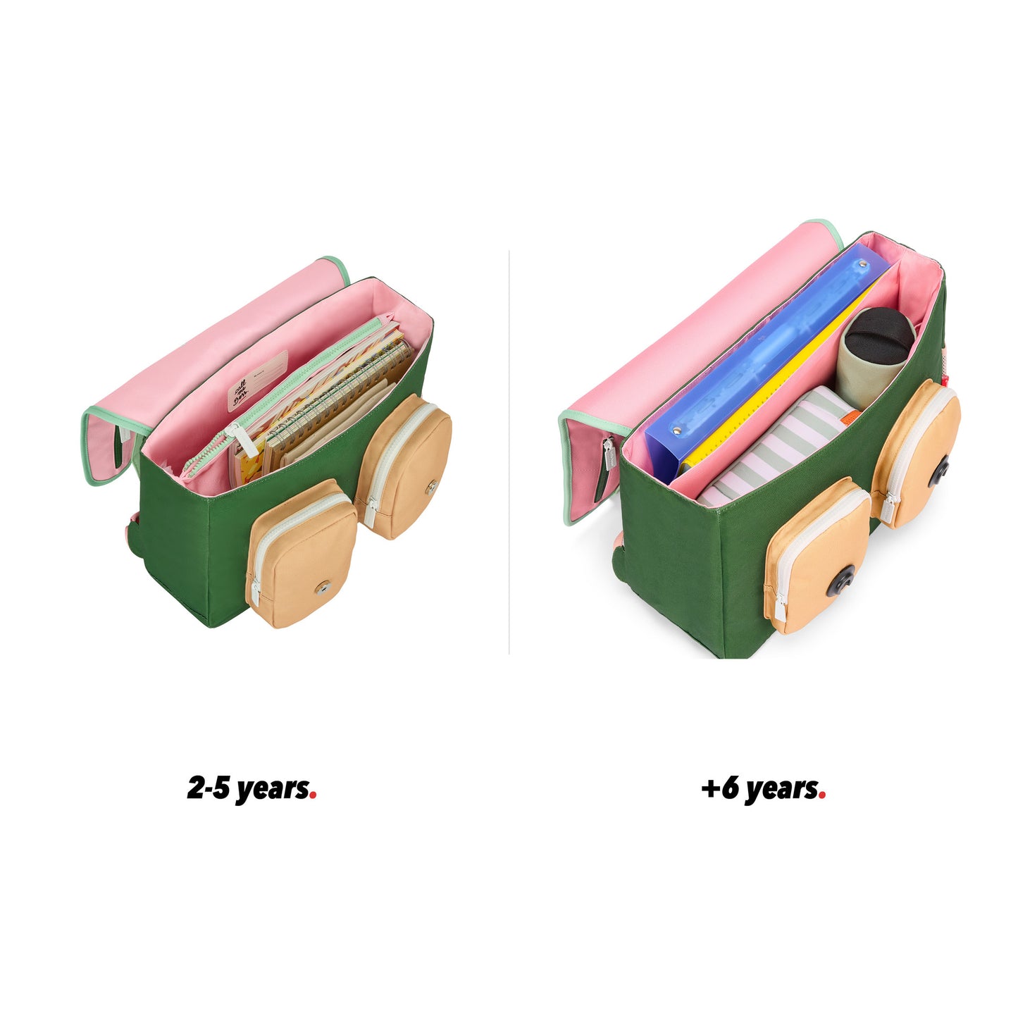 Roze groene schooltas kind beige details vakken open vergelijking 2 maten Hello Hossy