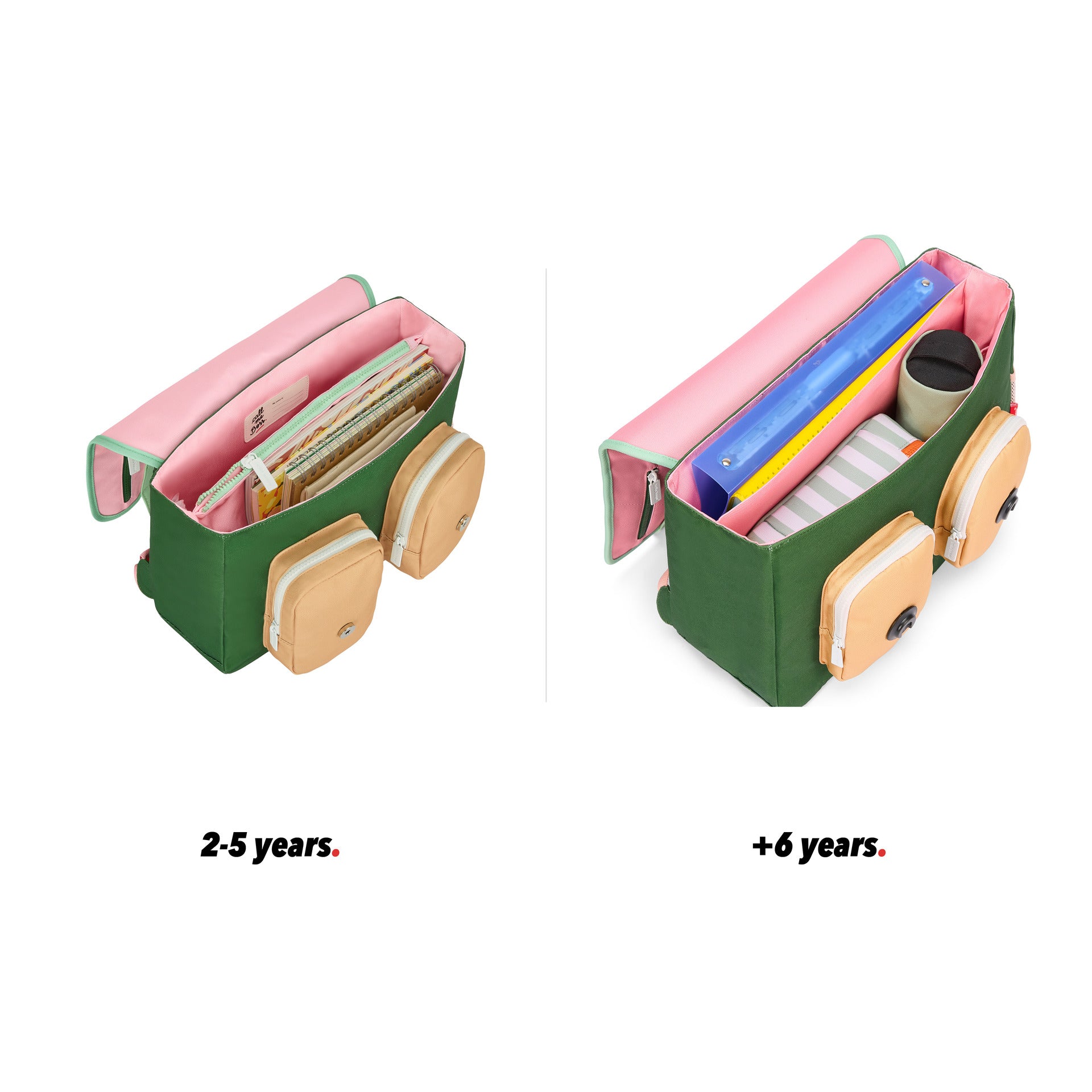 Roze groene schooltas kind beige details vakken open vergelijking 2 maten Hello Hossy
