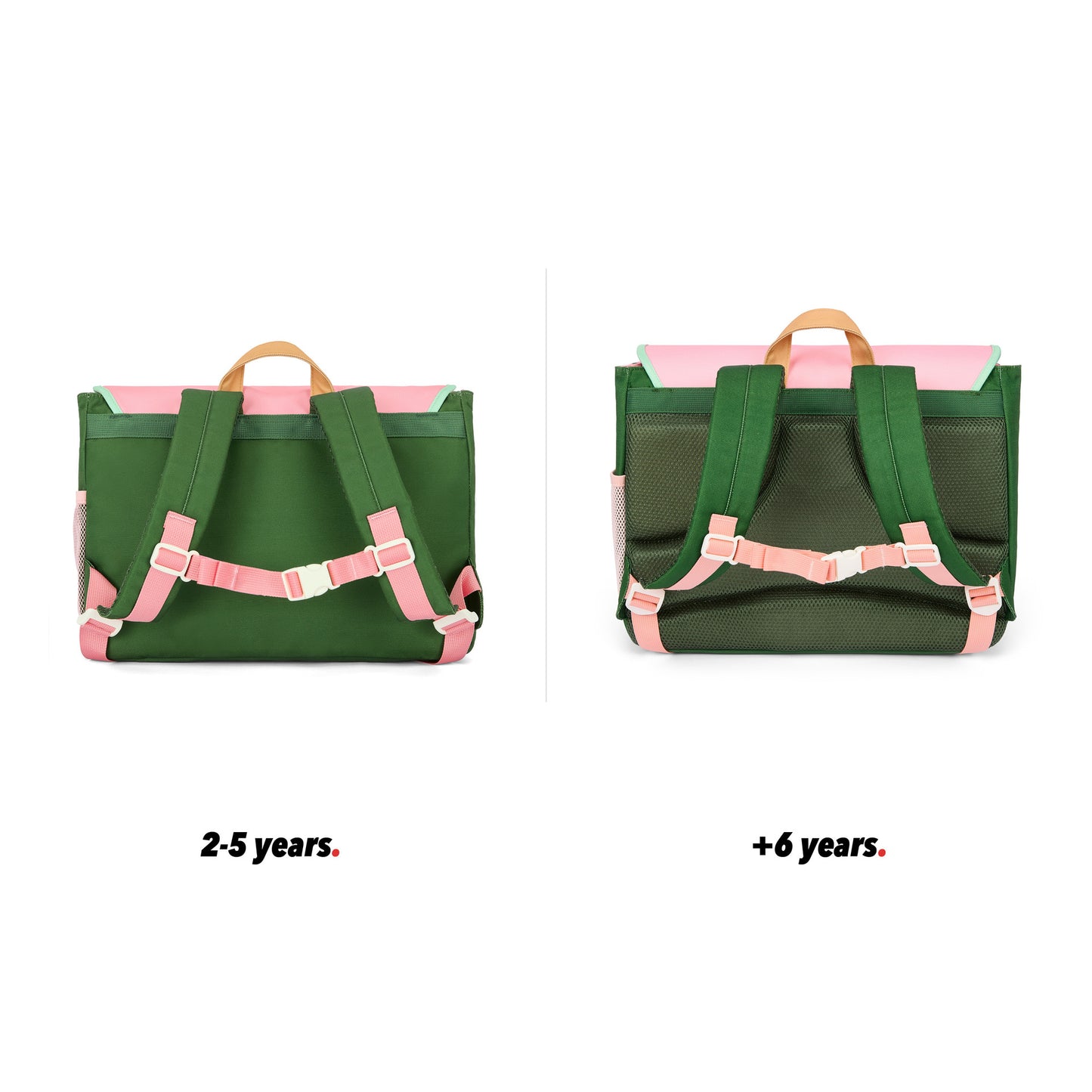 Roze groene schooltas kind beige details vakken achteraanzicht vergelijking 2 maten Hello Hossy
