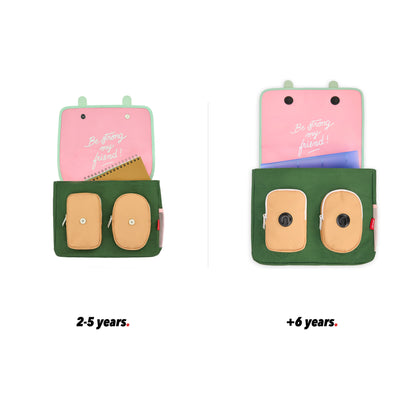 Roze groene schooltas kind beige details vakken vooraanzicht open vergelijking 2 maten Hello Hossy