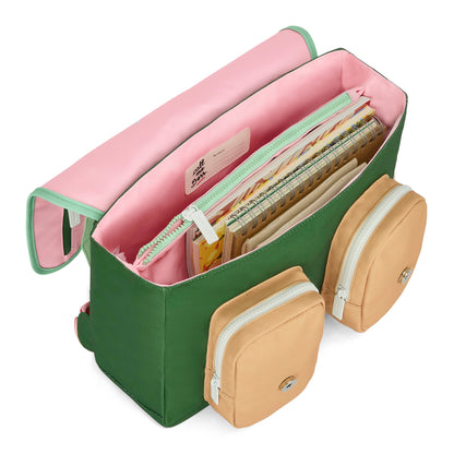Schooltas kind groen roze binnenkant beige vakken Hello Hossy