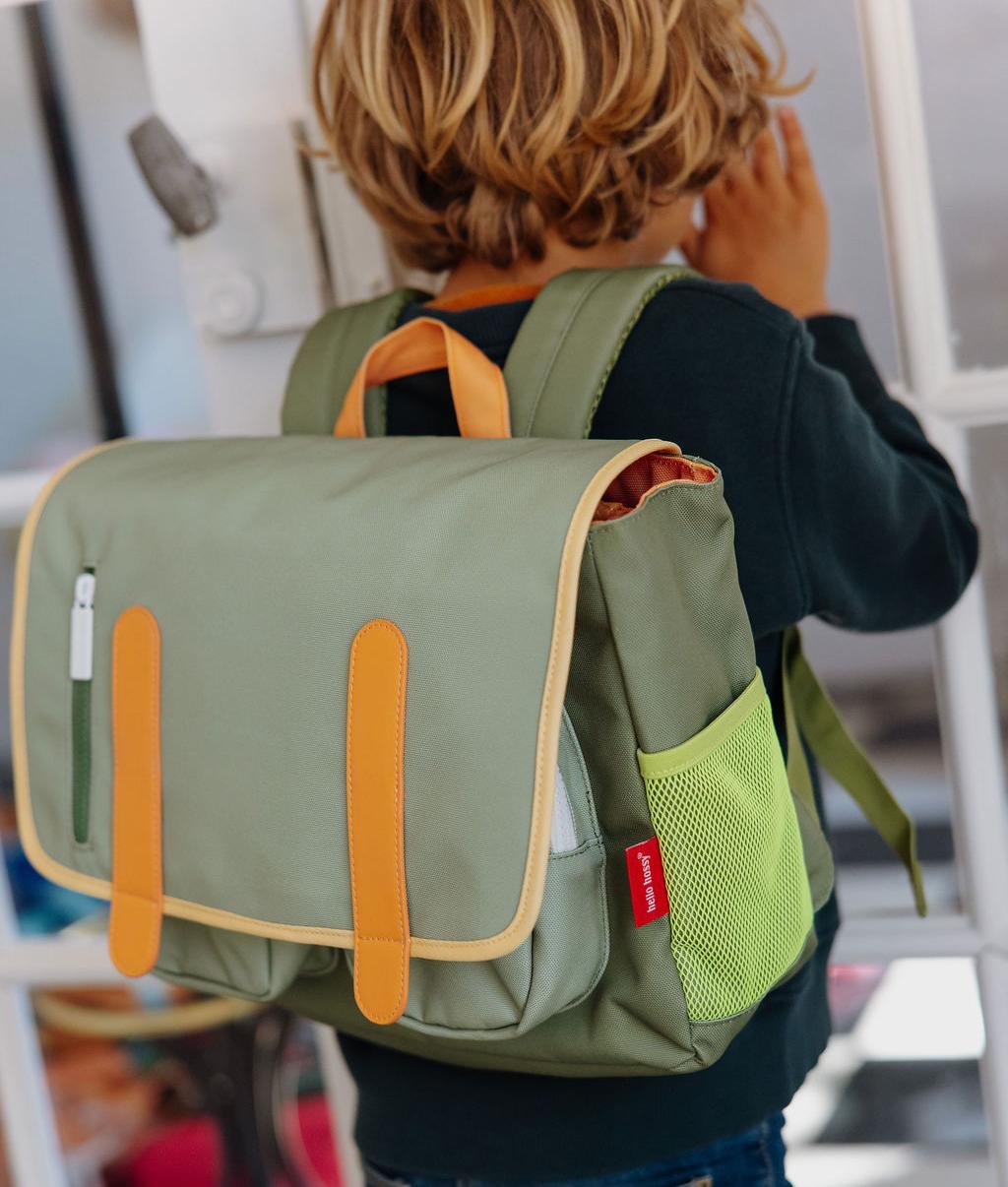 Groene kinderen schooltas met netvakken en oranje detail Hello Hossy