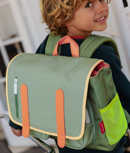 Schooltas kind groen details oranje fluo gele zak Hello Hossy