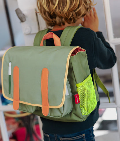 Groene kinderrugzak met fluorgele netzakken Hello Hossy