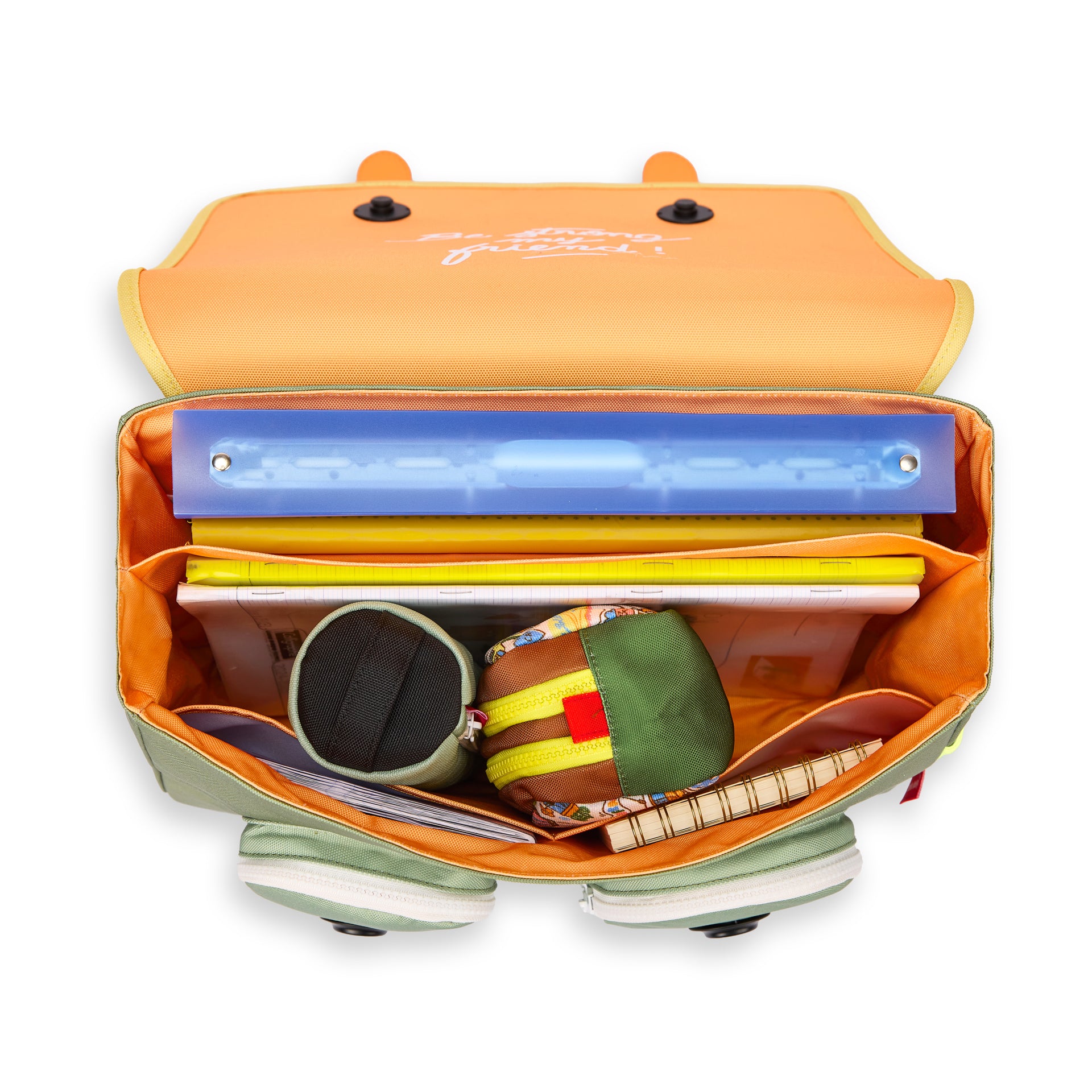Groene kinderen schooltas met meerdere vakken en oranje interieur Hello Hossy