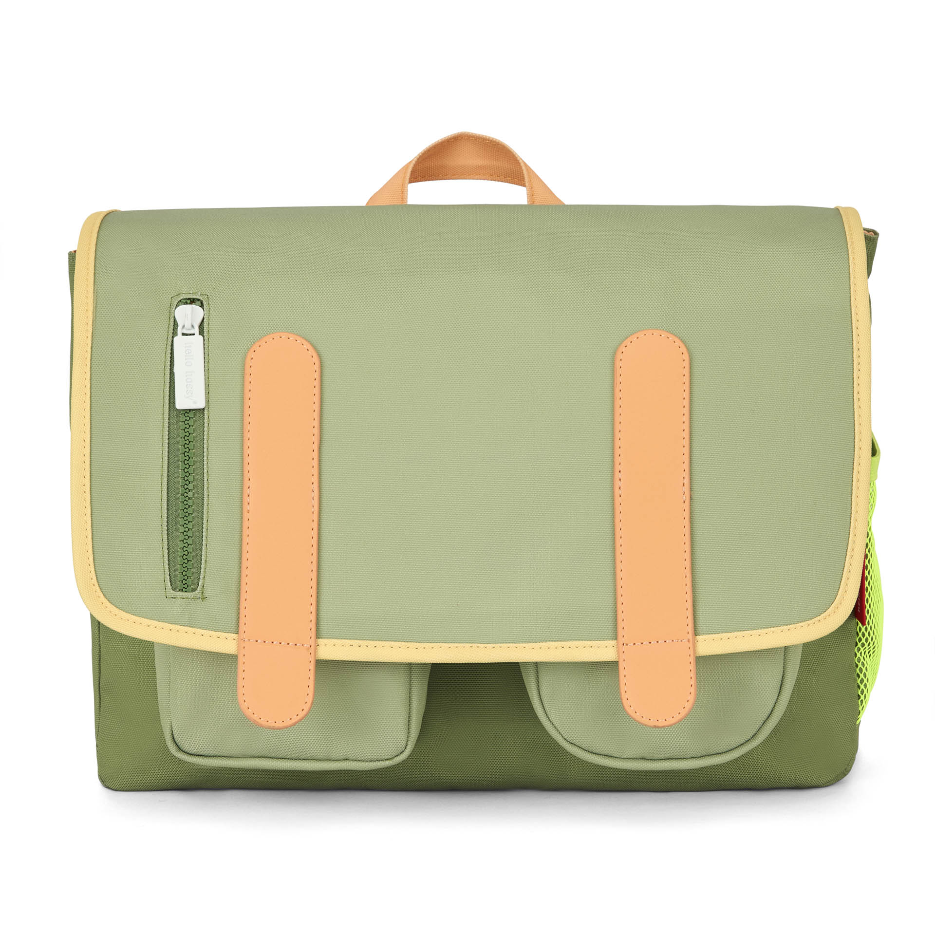 Schooltas kind groen beige details voorvakken Hello Hossy