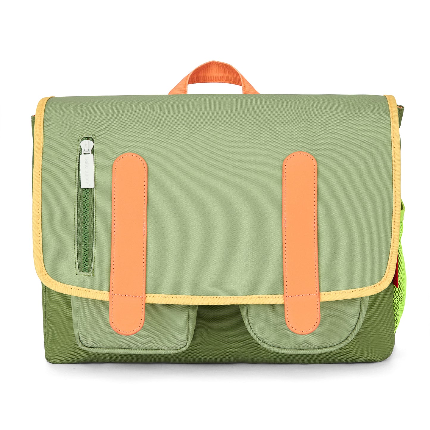Schooltas kind groen oranje details voorvakken Hello Hossy
