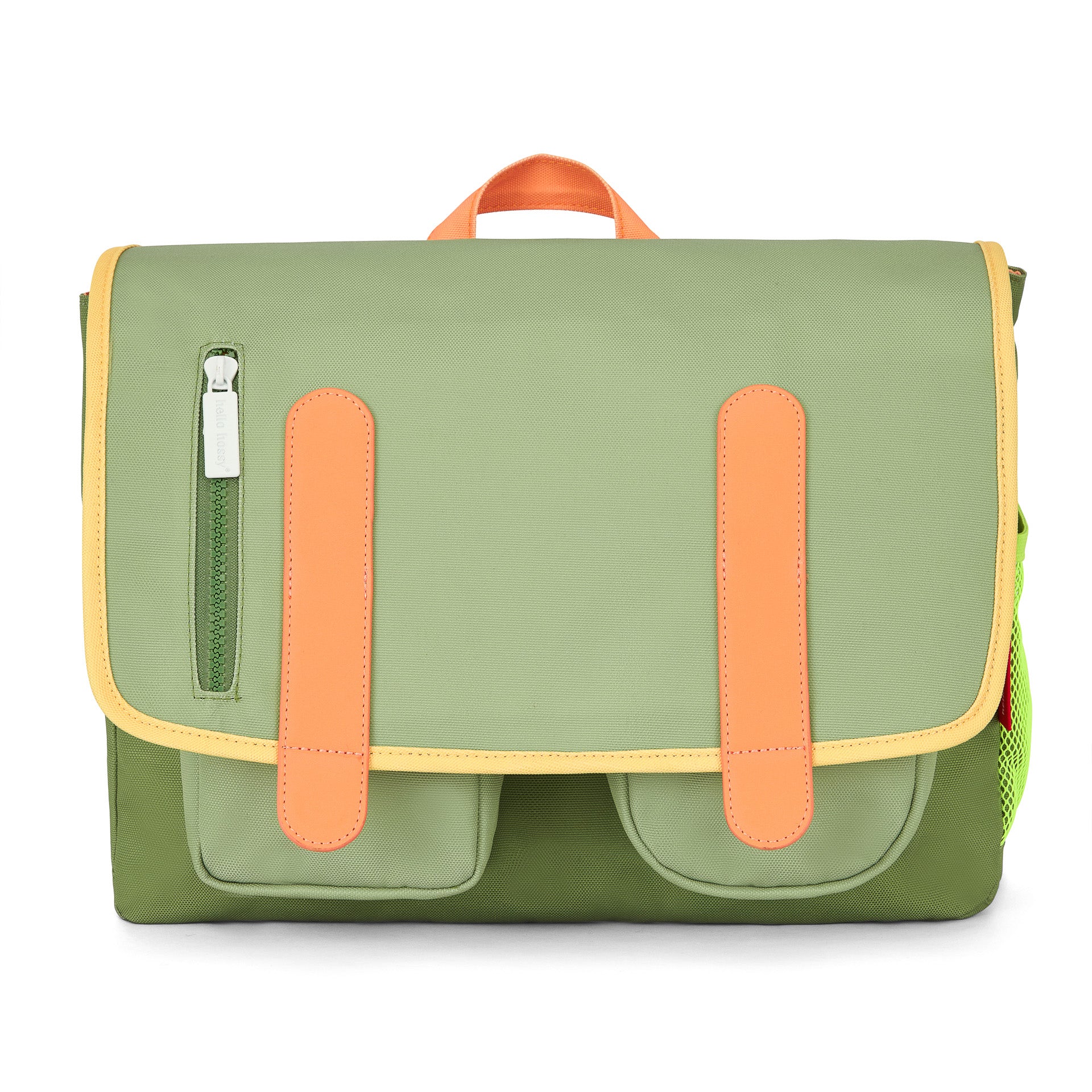 Schooltas kind groen oranje details voorvakken Hello Hossy