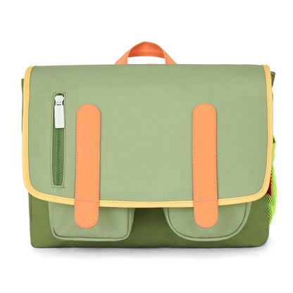 Schooltas kind groen oranje details voorvakken Hello Hossy