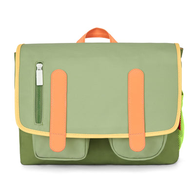 Schooltas kind groen oranje details voorvakken Hello Hossy