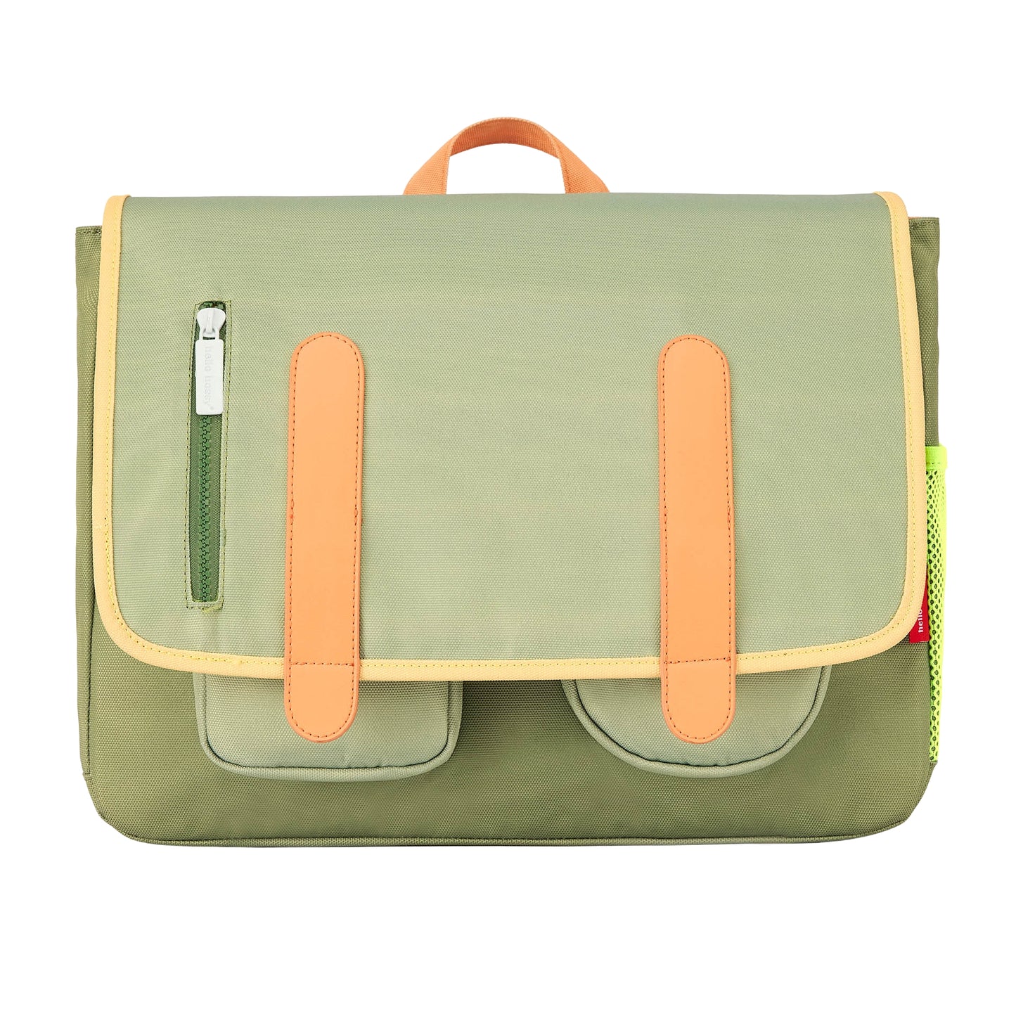 Schooltas kind groen meerdere vakken oranje details Hello Hossy