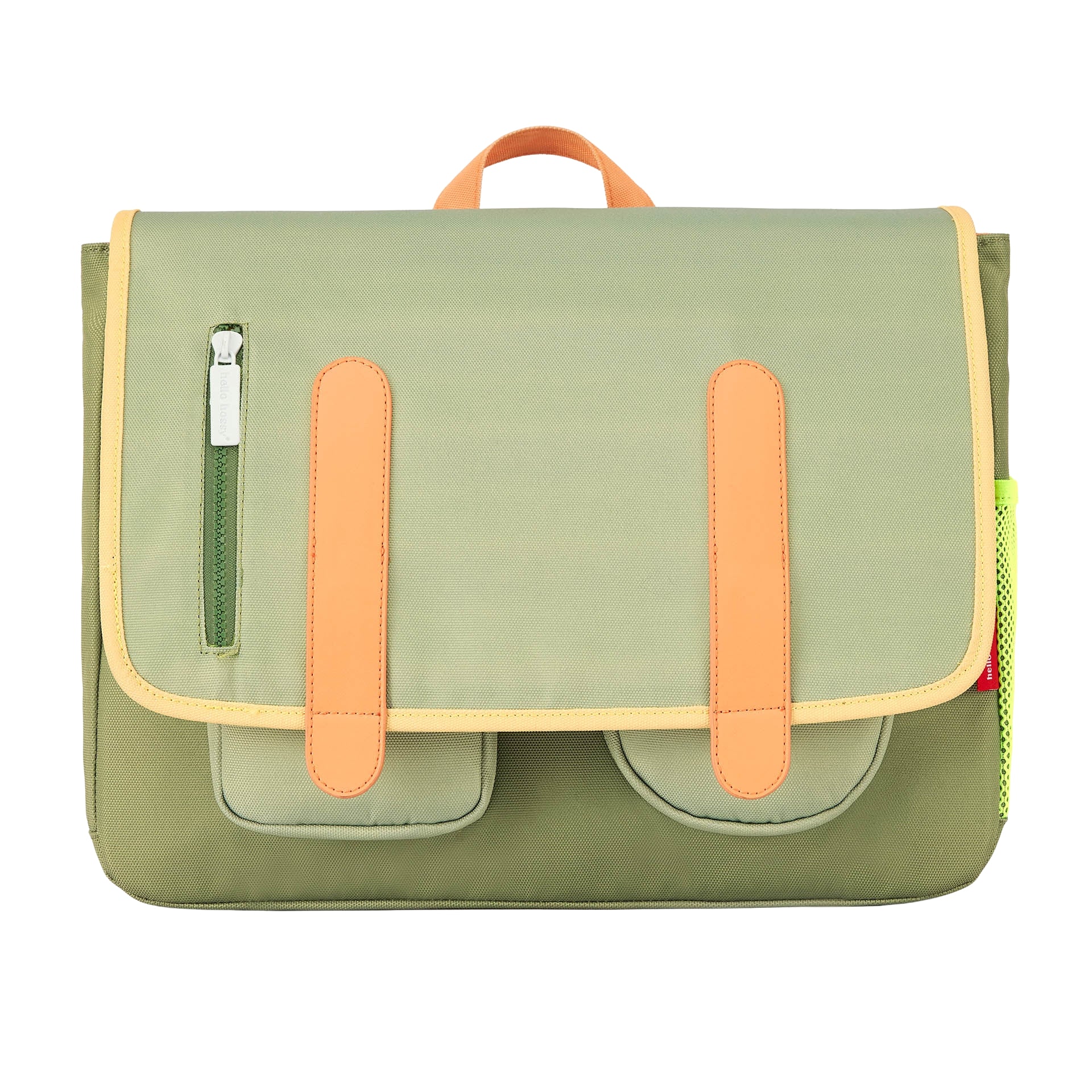 Schooltas kind groen meerdere vakken oranje details Hello Hossy