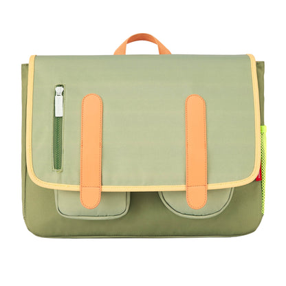 Schooltas kind groen meerdere vakken oranje details Hello Hossy