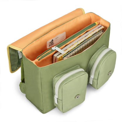 Groene kinderen schooltas met ritsende voorvakken en oranje interieur Hello Hossy