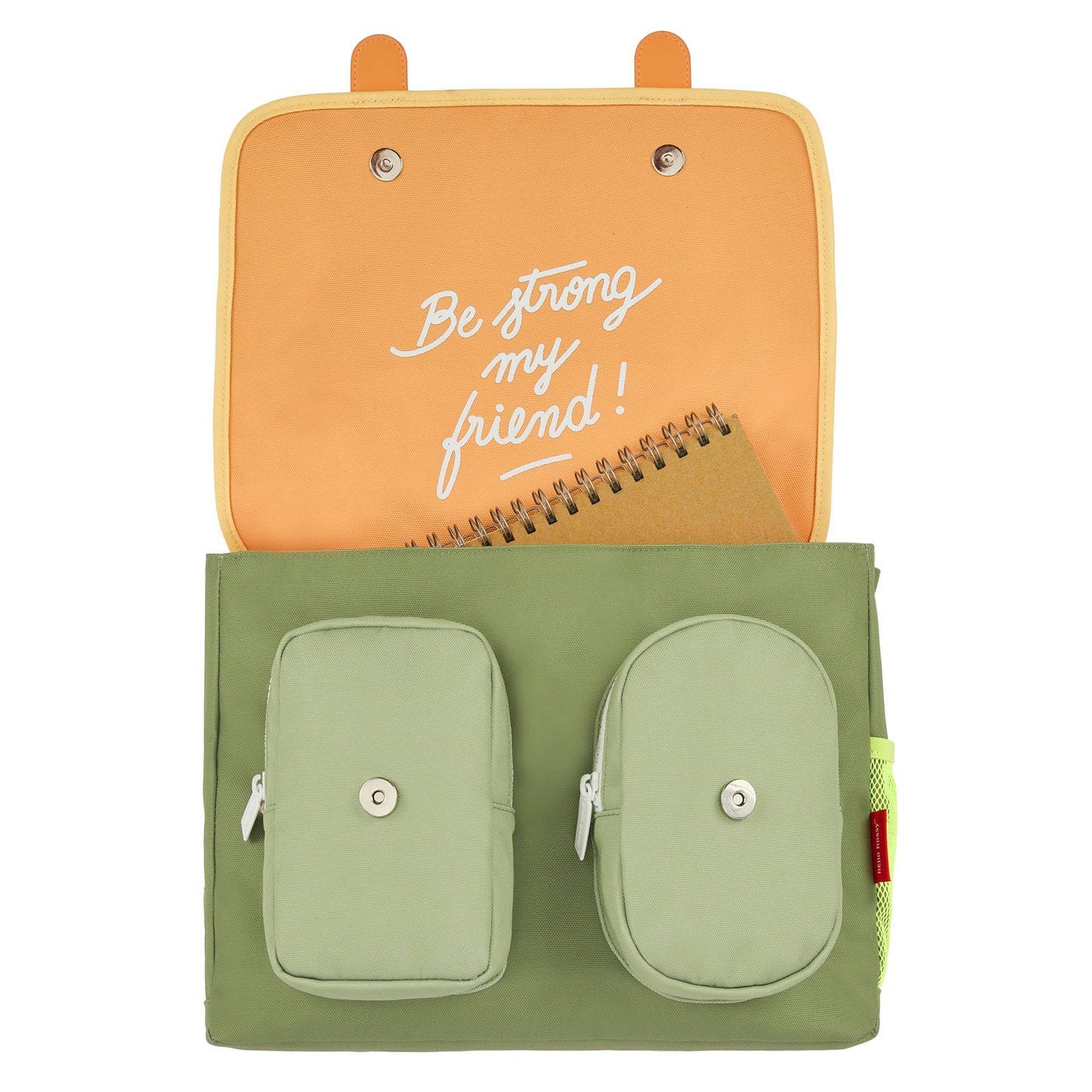 Schooltas kind groen twee binnenvakken prints boodschap Hello Hossy