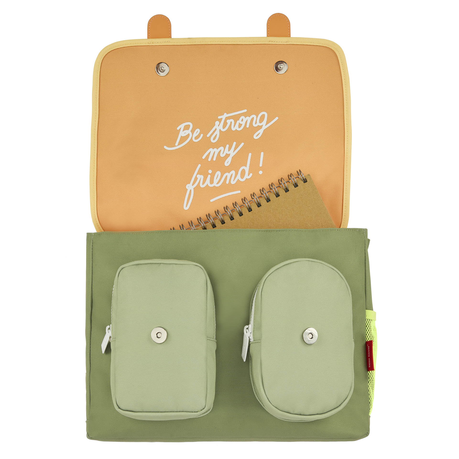 Schooltas kind groen twee binnenvakken prints boodschap Hello Hossy