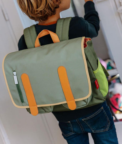Groene kinderen schooltas met bruine handvaten en ritsend vak Hello Hossy