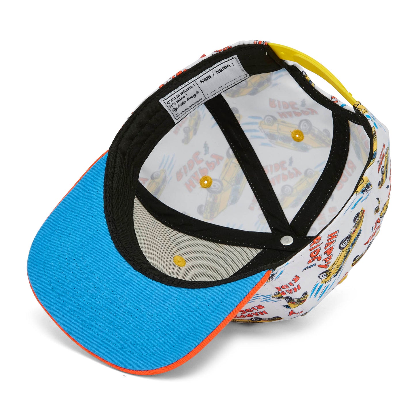 Kinderpet met auto prints oranje klep detail binnenste label Hello Hossy