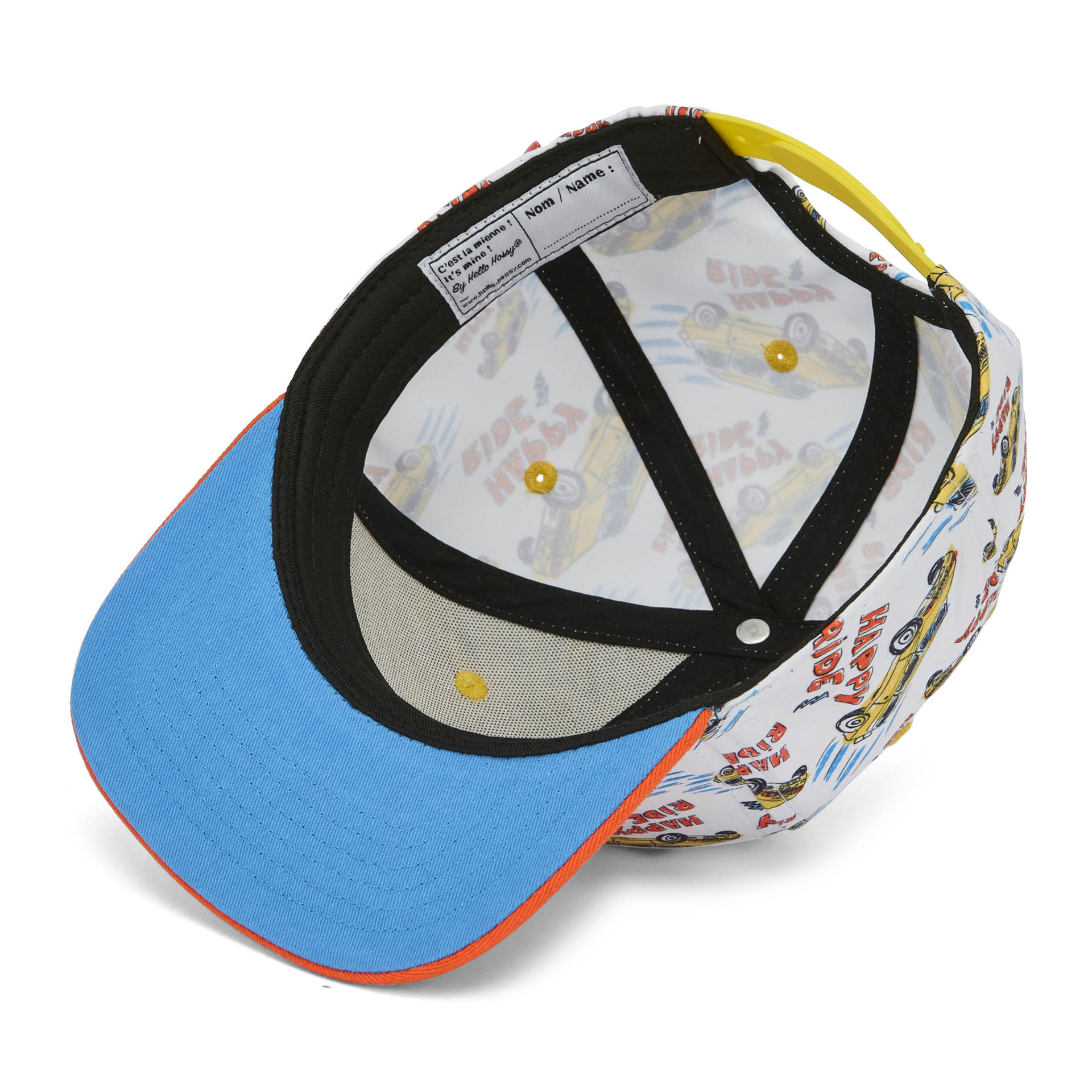 Kinderpet met auto prints oranje klep detail binnenste label Hello Hossy