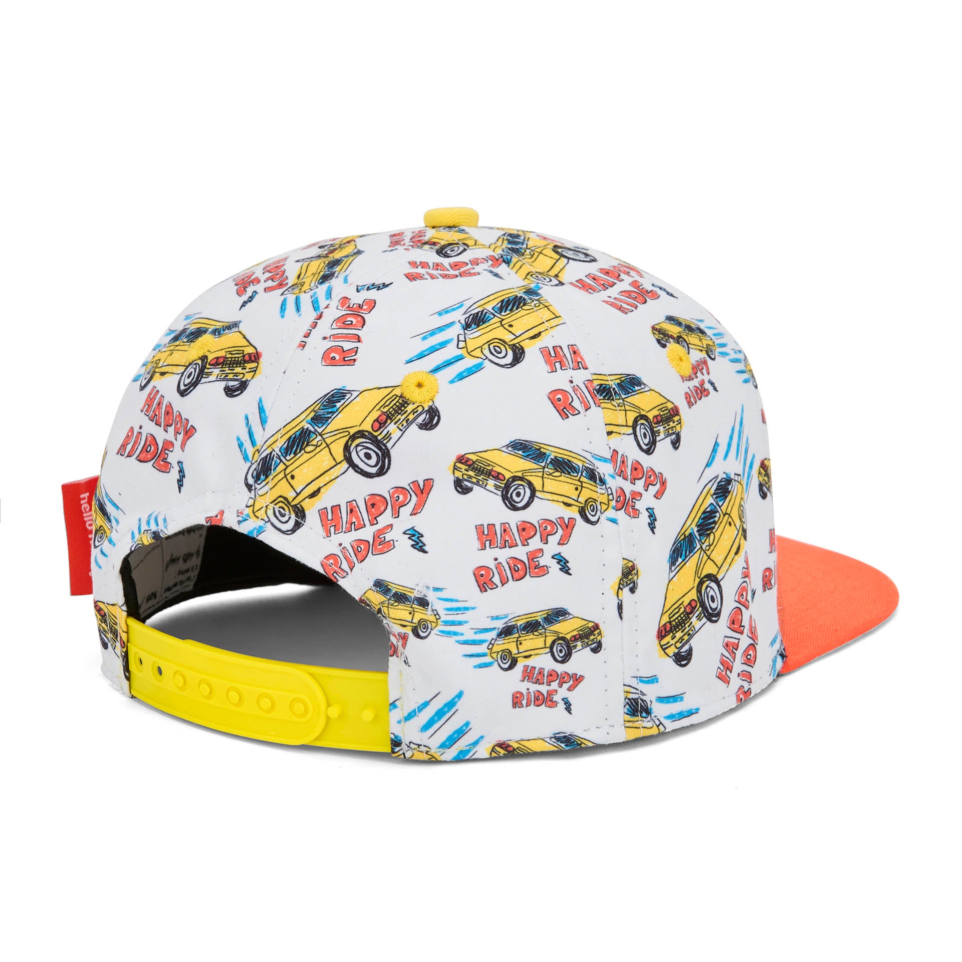 Kinderpet met auto prints oranje klep detail achterste sluiting Hello Hossy
