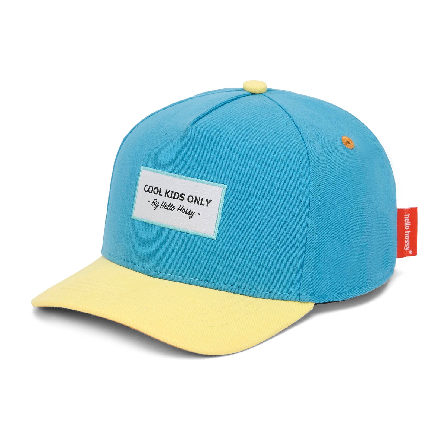 Kinderpet blauw gele klep borduursel Cool Kids Only Hello Hossy