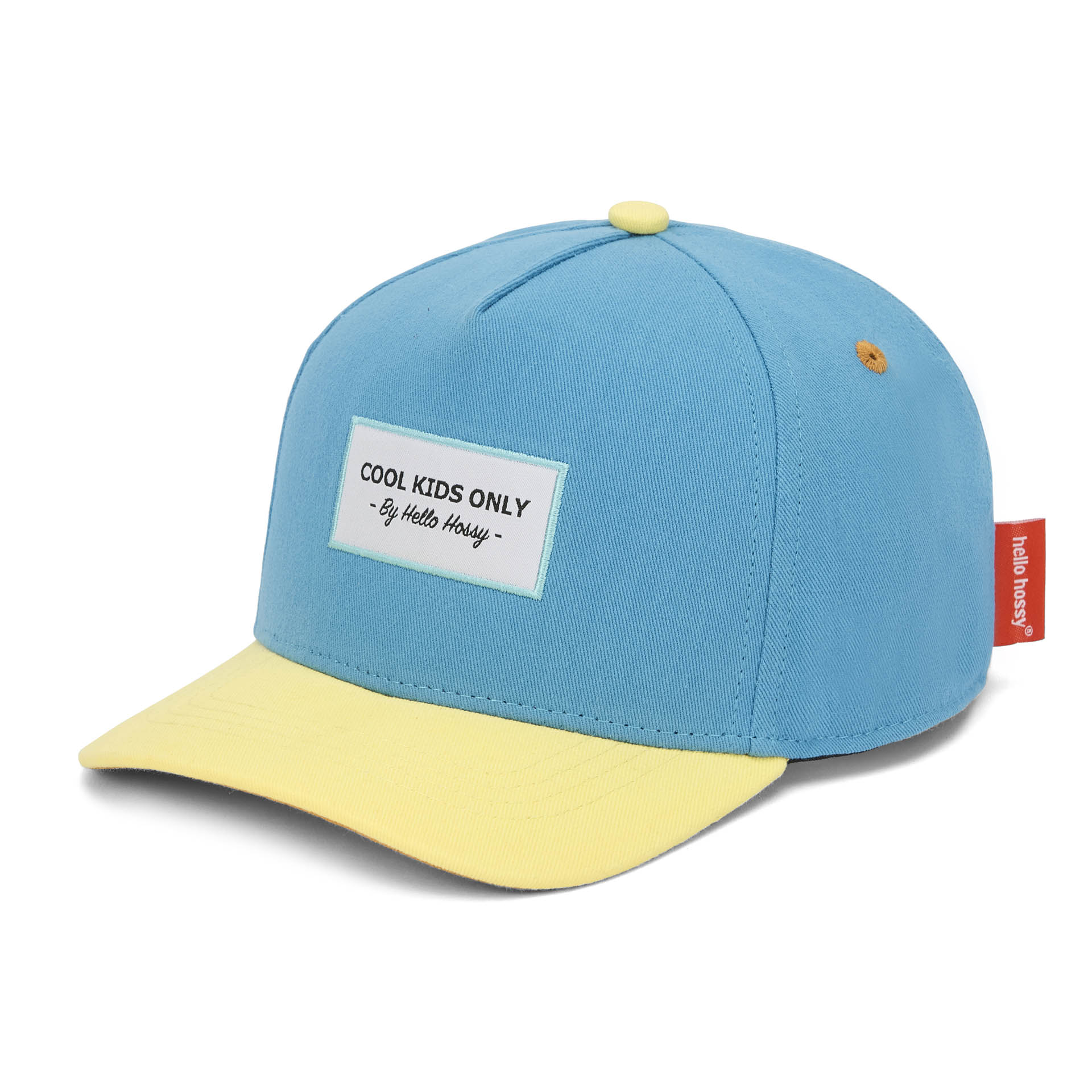 Kinderpet blauw gele klep borduursel Cool Kids Only Hello Hossy