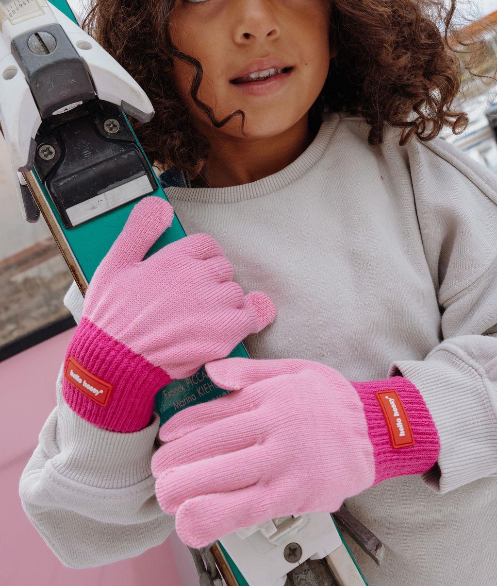 Kindhandschoenen roze fuchsia contrasterende label Hello Hossy