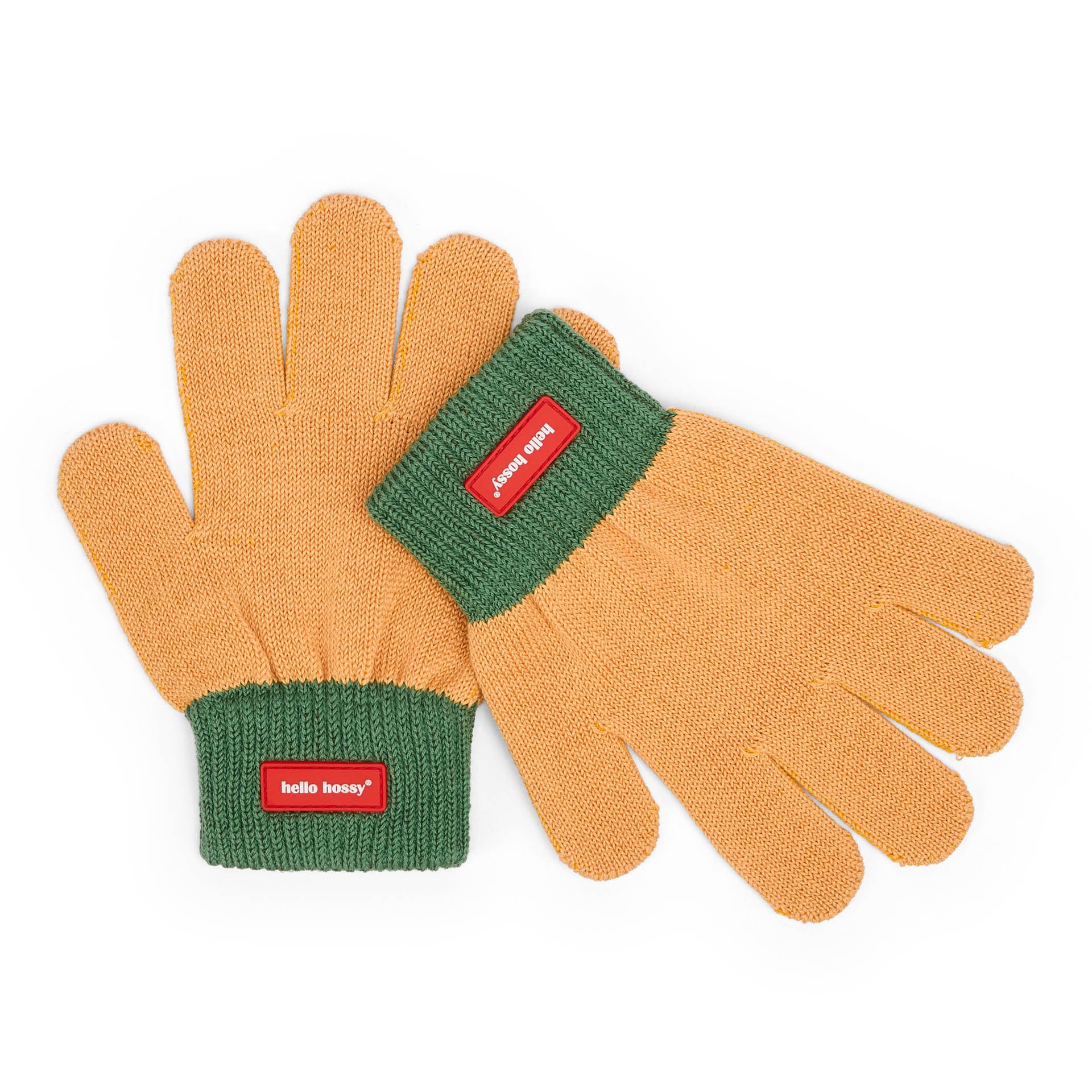 Kinderhandschoenen camel groene manchet etiket Hello Hossy