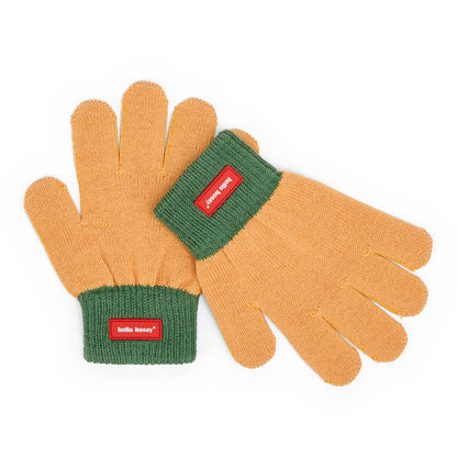 Kinderhandschoenen camel groene manchet etiket Hello Hossy