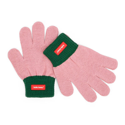Gants enfant bicolore rose vert étiquette rouge Hello Hossy