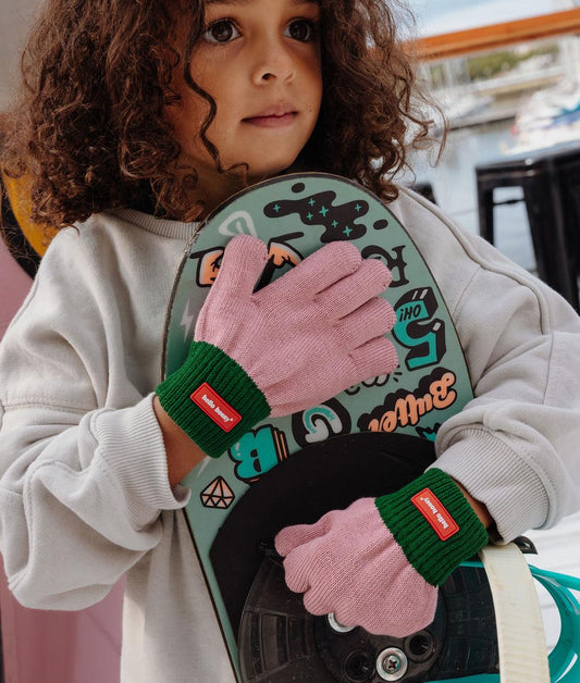 Handschoenen kind roze groene rand rood etiket Hello Hossy